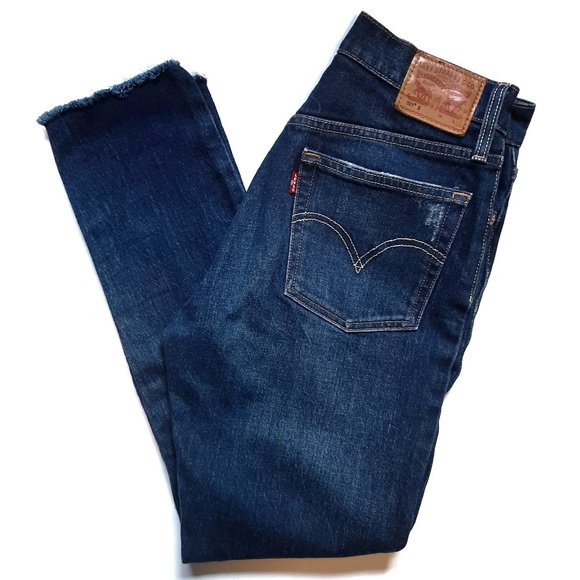 Levi's 501 Skinny Dark Blue Distressed Hem High Rise Jeans SZ 27 - Picture 1 of 9